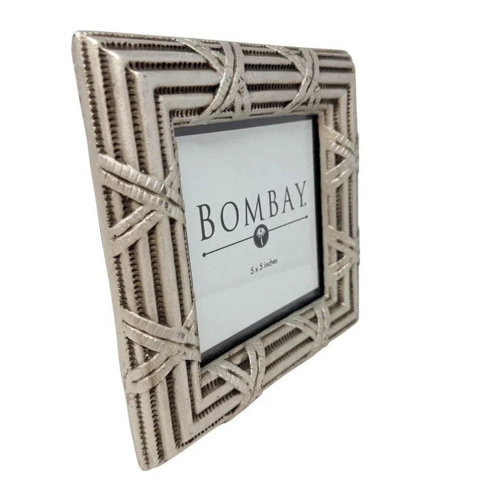 Vintage Bombay Silver Tone Photo Frame Textured Geometric Design 5x5‎ Tabletop